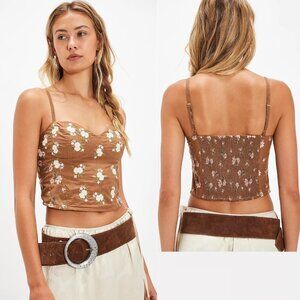 NWT New $98 Free People Wild Flowers Embroidered Bustier Brown Combo Top Size M